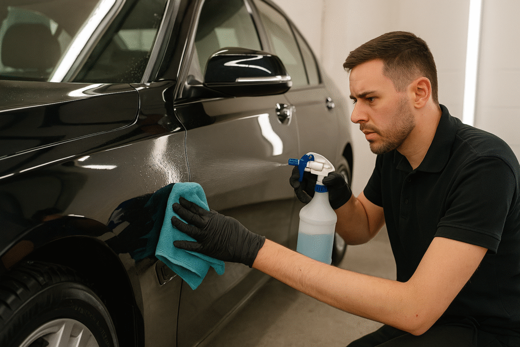 Shows a person valeting a car